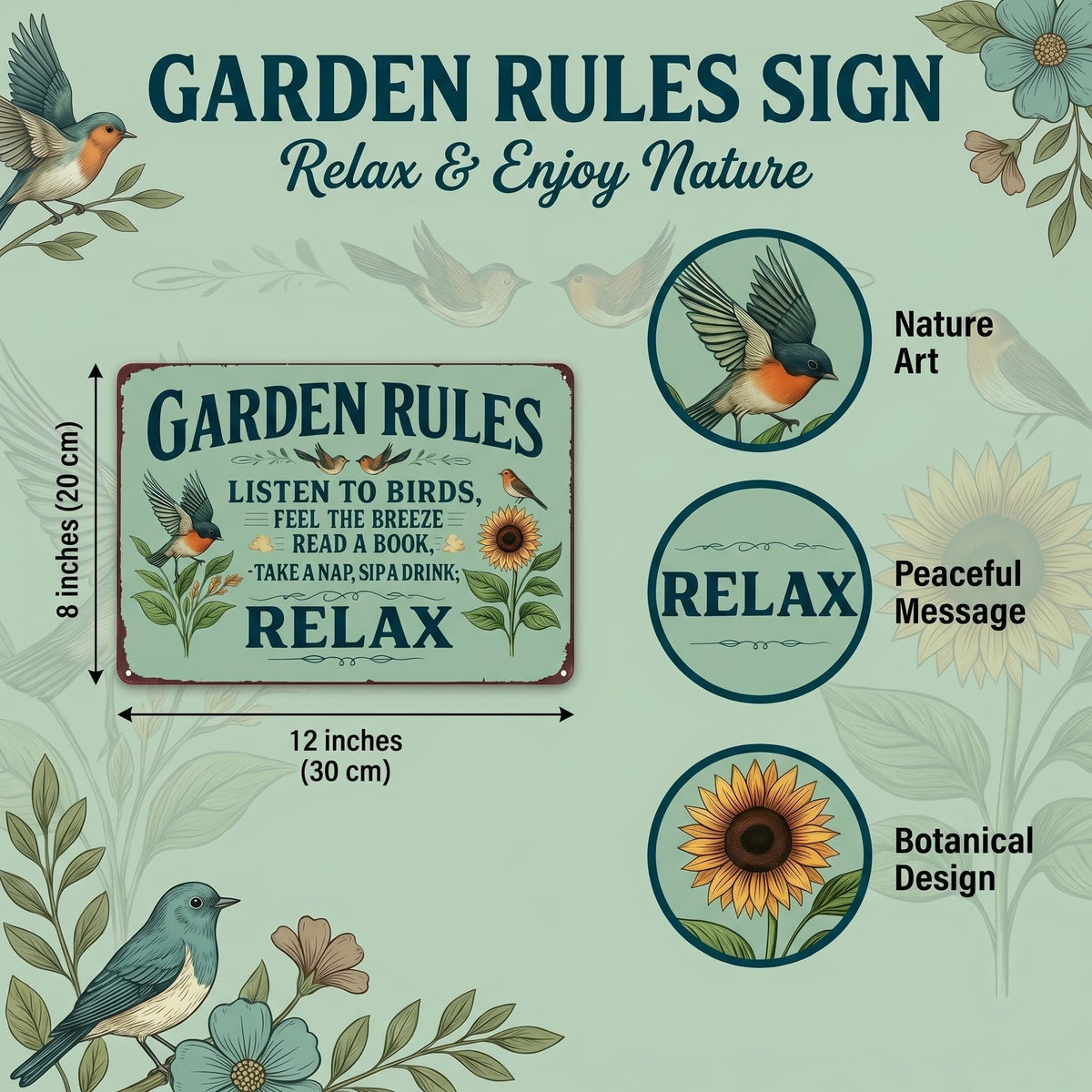 Vintage "Garden Rules" Metal Sign - Relaxing Botanical Outdoor Decor