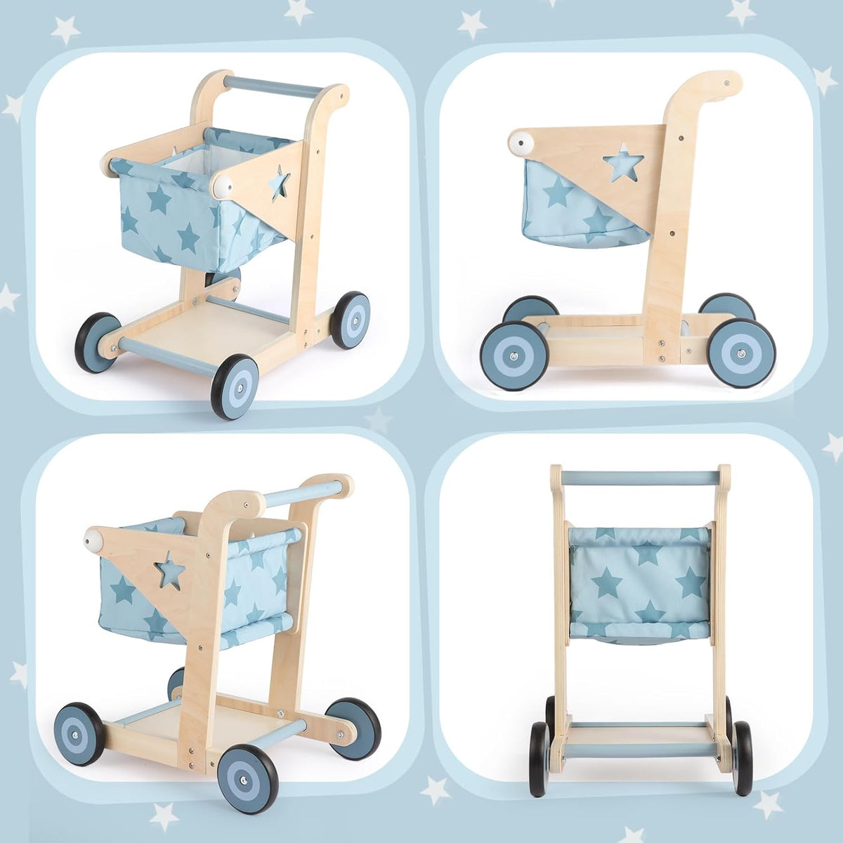 2 in 1 Wooden Baby Walker Push and Pull Doll Stroller (Blue)