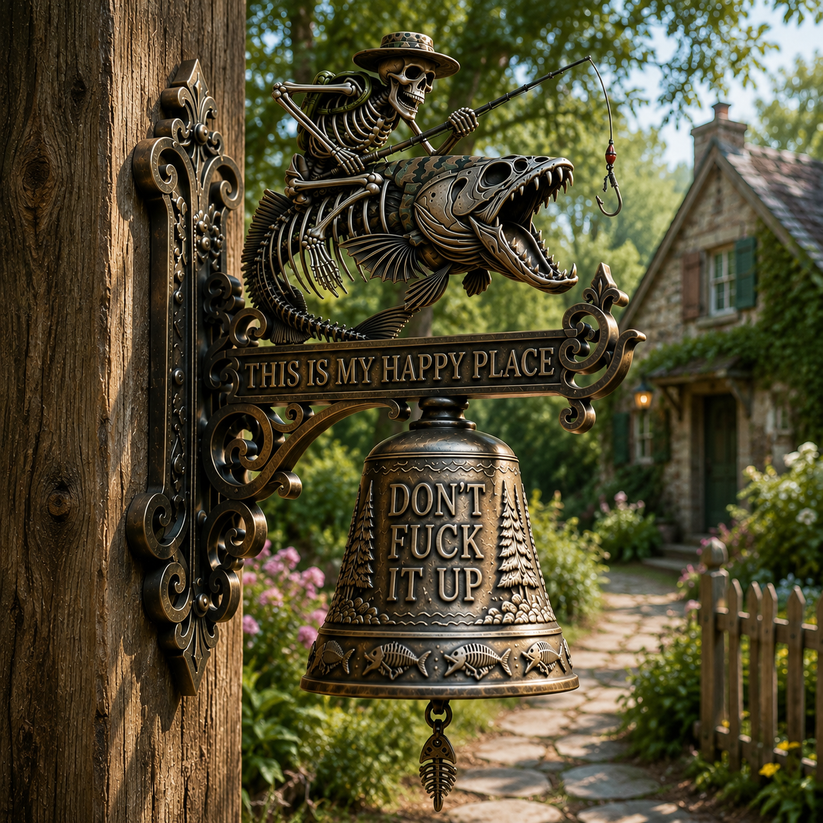 Metal Skeleton Fisherman Wall Bell – “This Is My Happy Place” Rustic Fishing Décor