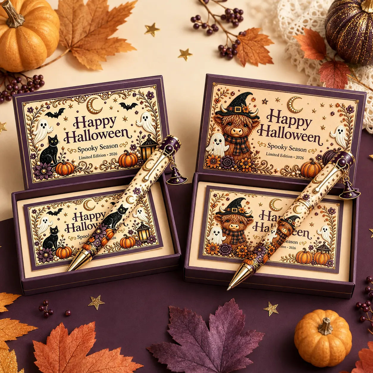 🎃 2026 Limited-Edition Halloween Keepsake Pen Gift Set – Black Cat & Highland Cow Witch