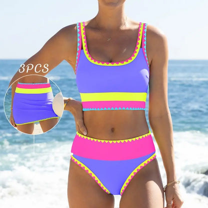 Popvil 3 Piece Bikini Set – Tummy Control High Waisted Swimsuit with Skirt Cover-Up-A0005