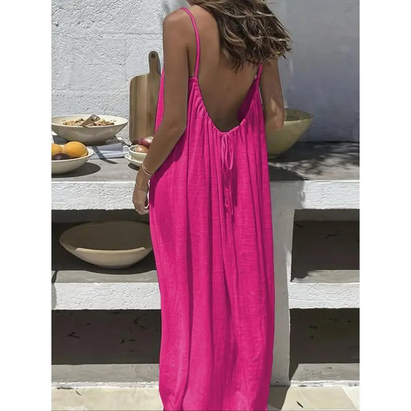 Women's Solid Color Cami Lounge Dress – Elegant Sleeveless Maxi Dress for Summer-A0022