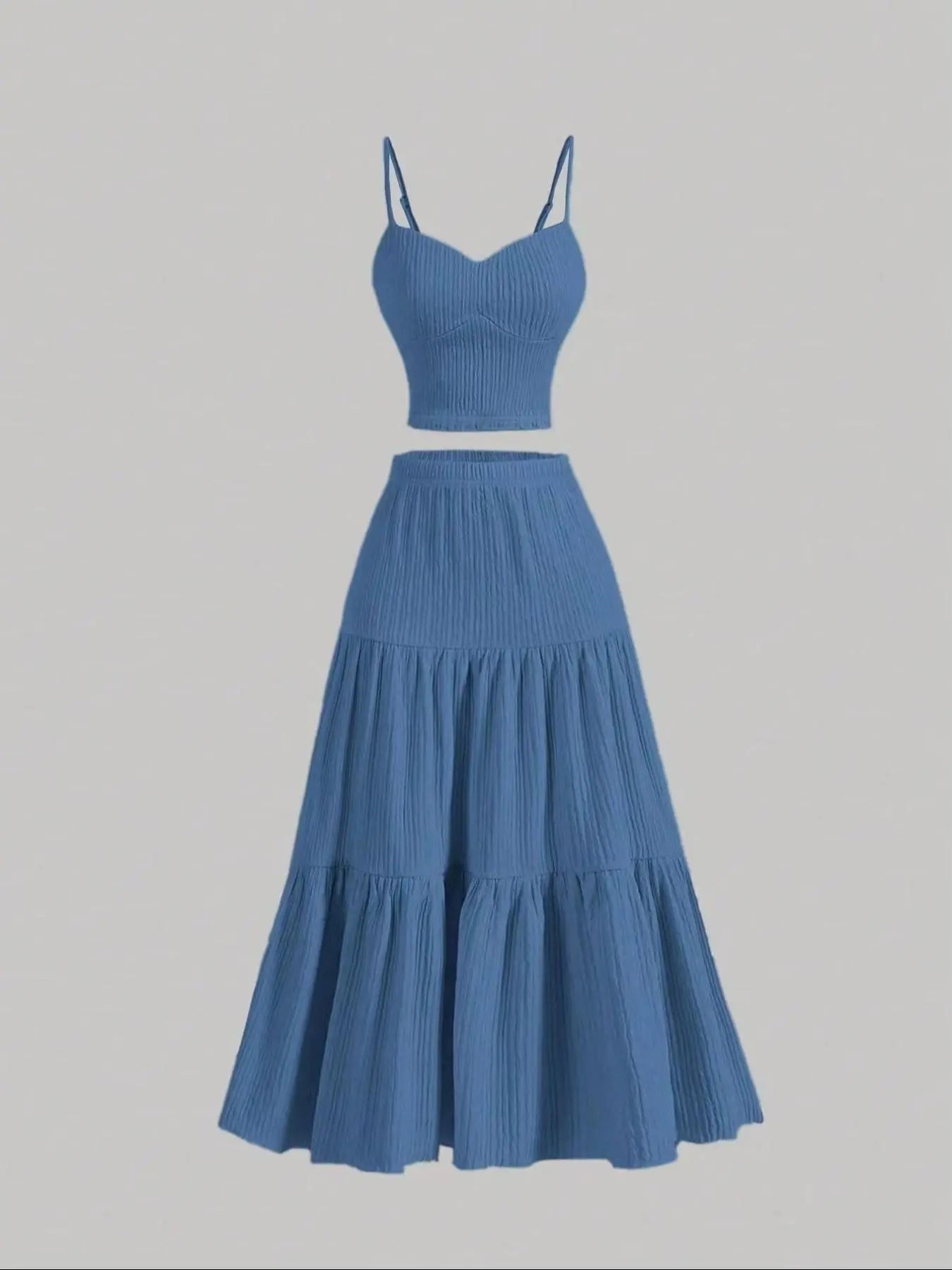 Women's Solid Crop Cami Top & A-Line Skirt Two-Piece Set – Casual Summer Outfit-A0019