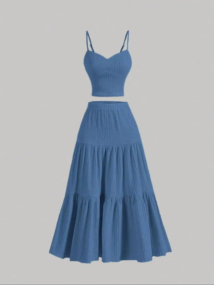 Women's Solid Crop Cami Top & A-Line Skirt Two-Piece Set – Casual Summer Outfit-A0019