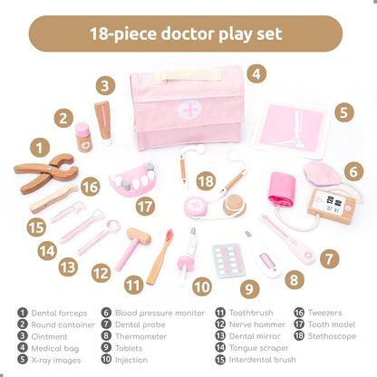 ® Wooden Doctor Kit for Kids – 18 Pcs Doctor and Dentist Play Set for Toddlers with Stethoscope, Syringe, Tooth Model & More – Medical Pretend Play Toy for Girls Ages 3 4 5 6