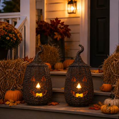 🔥Last Day 60% OFF🔥Rustic Wicker Pumpkin Candle Holder - Handwoven Jack-O’-Lantern Halloween Porch Decor
