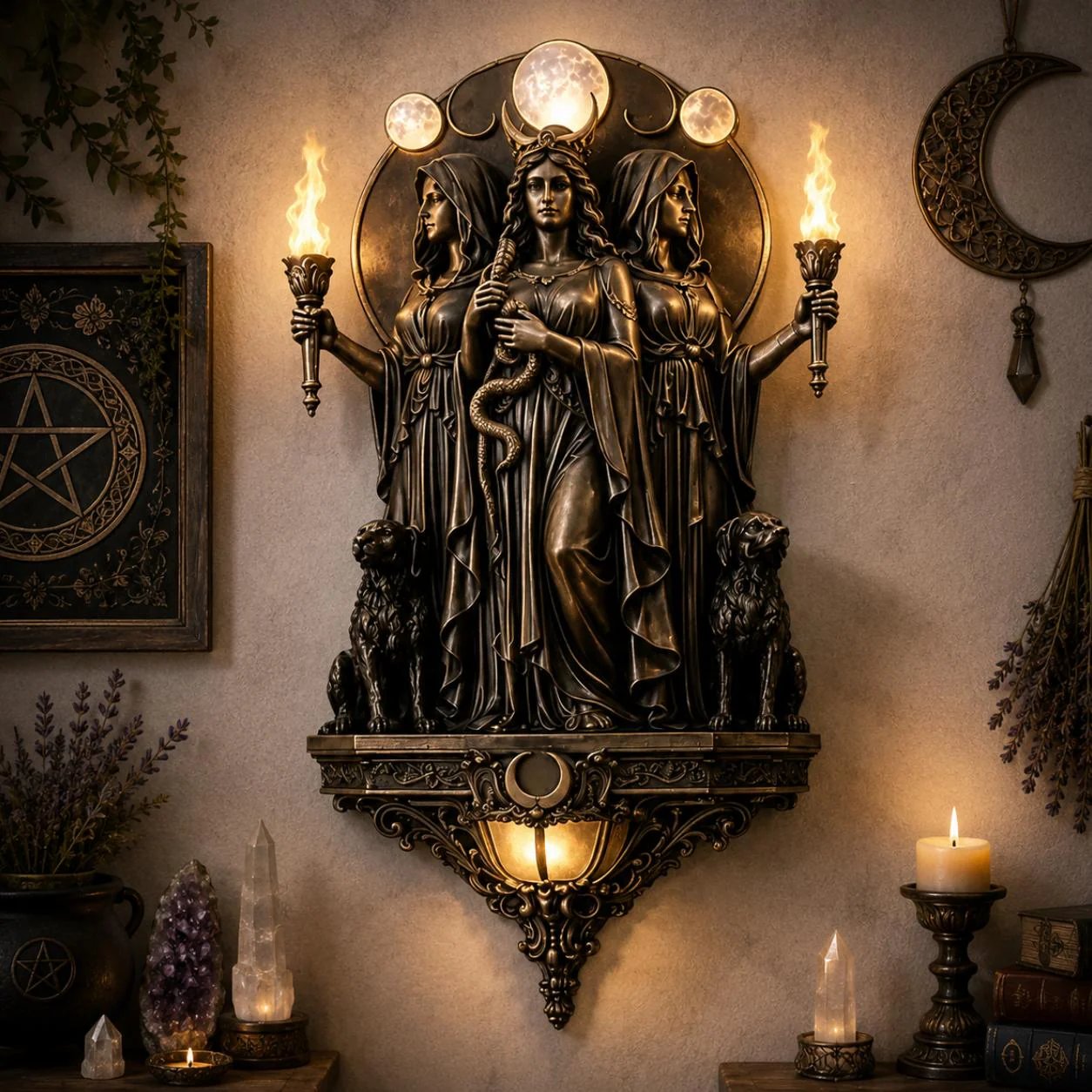 🔥 Hecate Triple Goddess LED Wall Sconce – Mystical Torch Wall Light🌙
