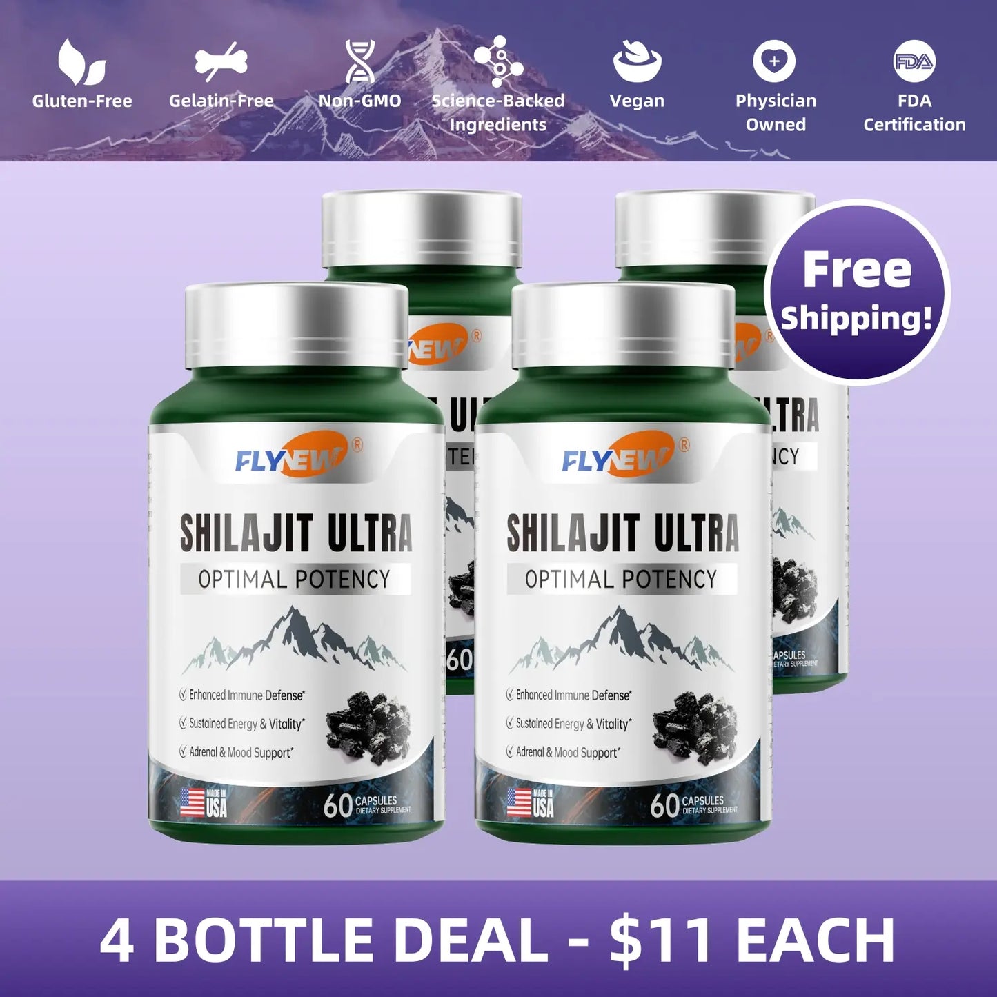 FLYNEW Shilajit Capsules – Pure Himalayan Resin with 85+ Trace Minerals -A0031