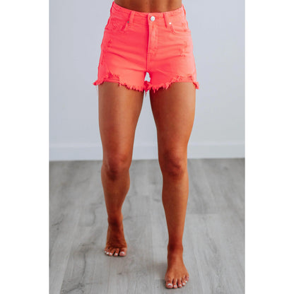 Mae Risen Shorts in Neon Coral – Women's High-Rise Shorts-A0001