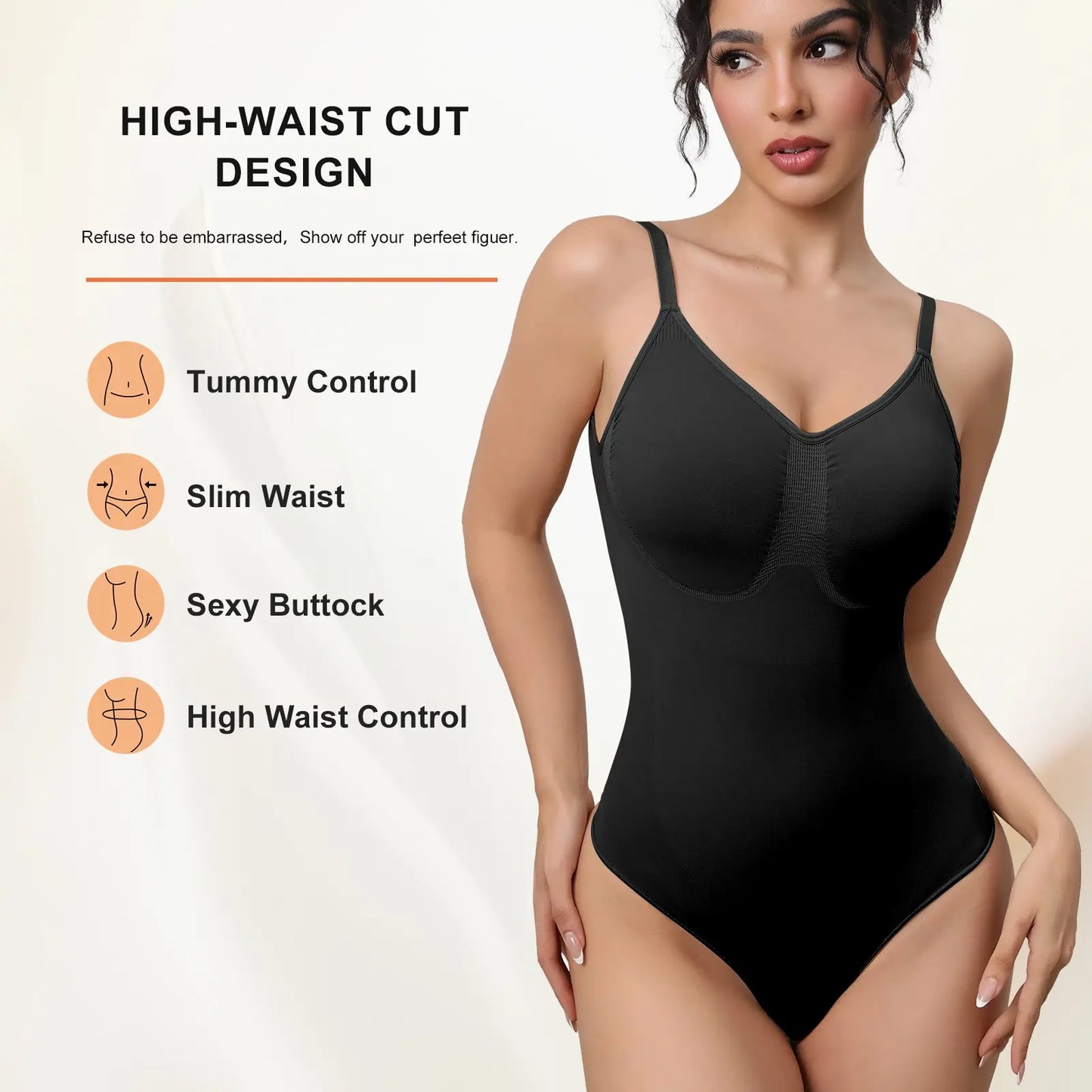 Mobeso Seamless Thong Bodysuit – Tummy Control Shapewear with V-Neck-A0018