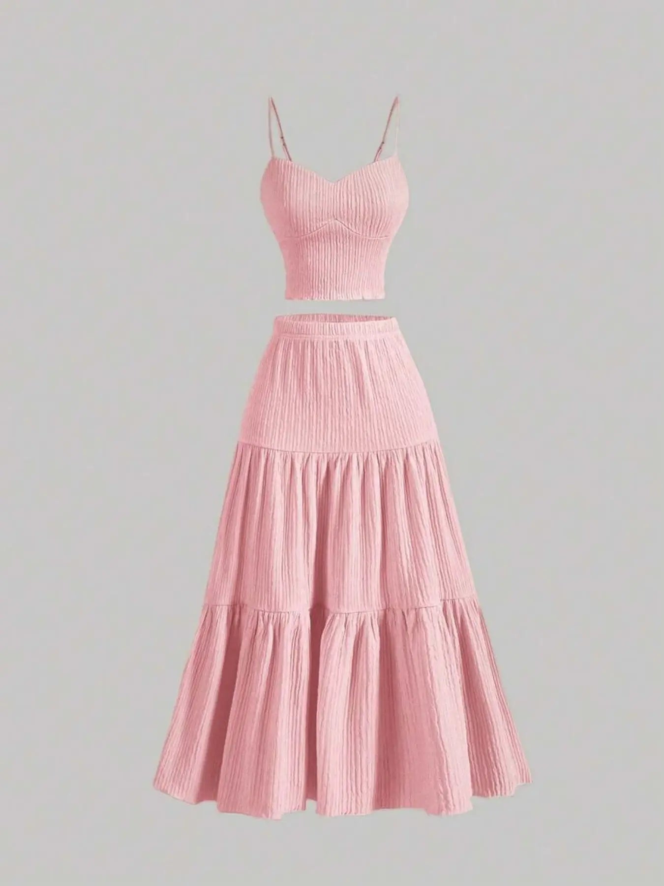 Women's Solid Crop Cami Top & A-Line Skirt Two-Piece Set – Casual Summer Outfit-A0019