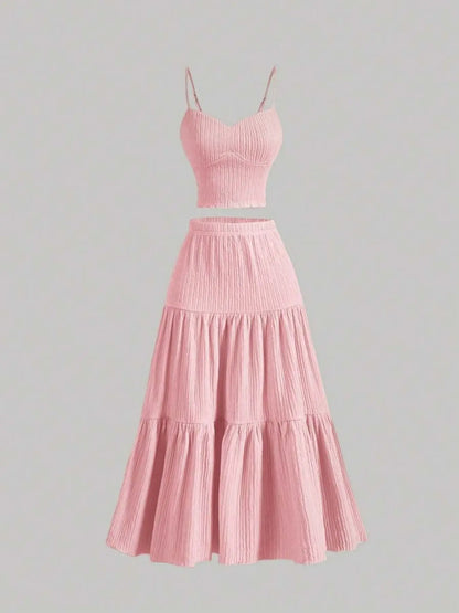 Women's Solid Crop Cami Top & A-Line Skirt Two-Piece Set – Casual Summer Outfit-A0019