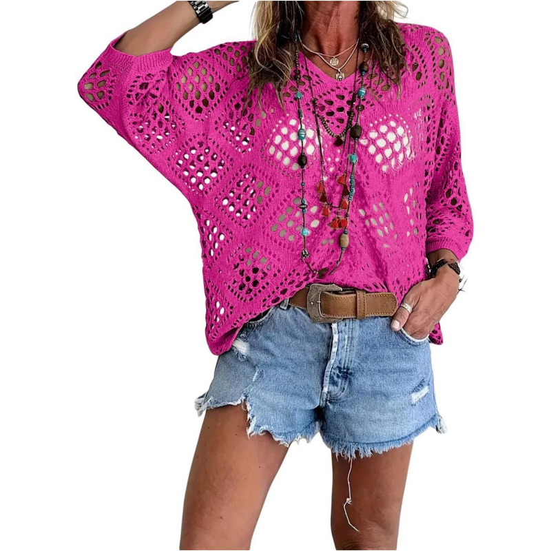 Hot Sale-Women's Boho Crochet Tops V Neck Hollow Out Knit Shirts