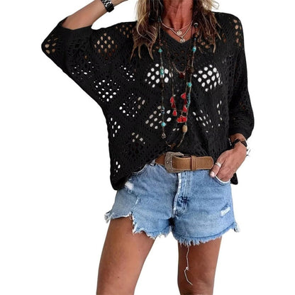 Hot Sale-Women's Boho Crochet Tops V Neck Hollow Out Knit Shirts