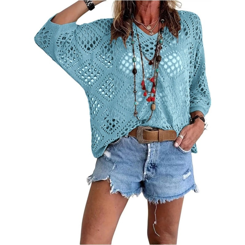 Hot Sale-Women's Boho Crochet Tops V Neck Hollow Out Knit Shirts
