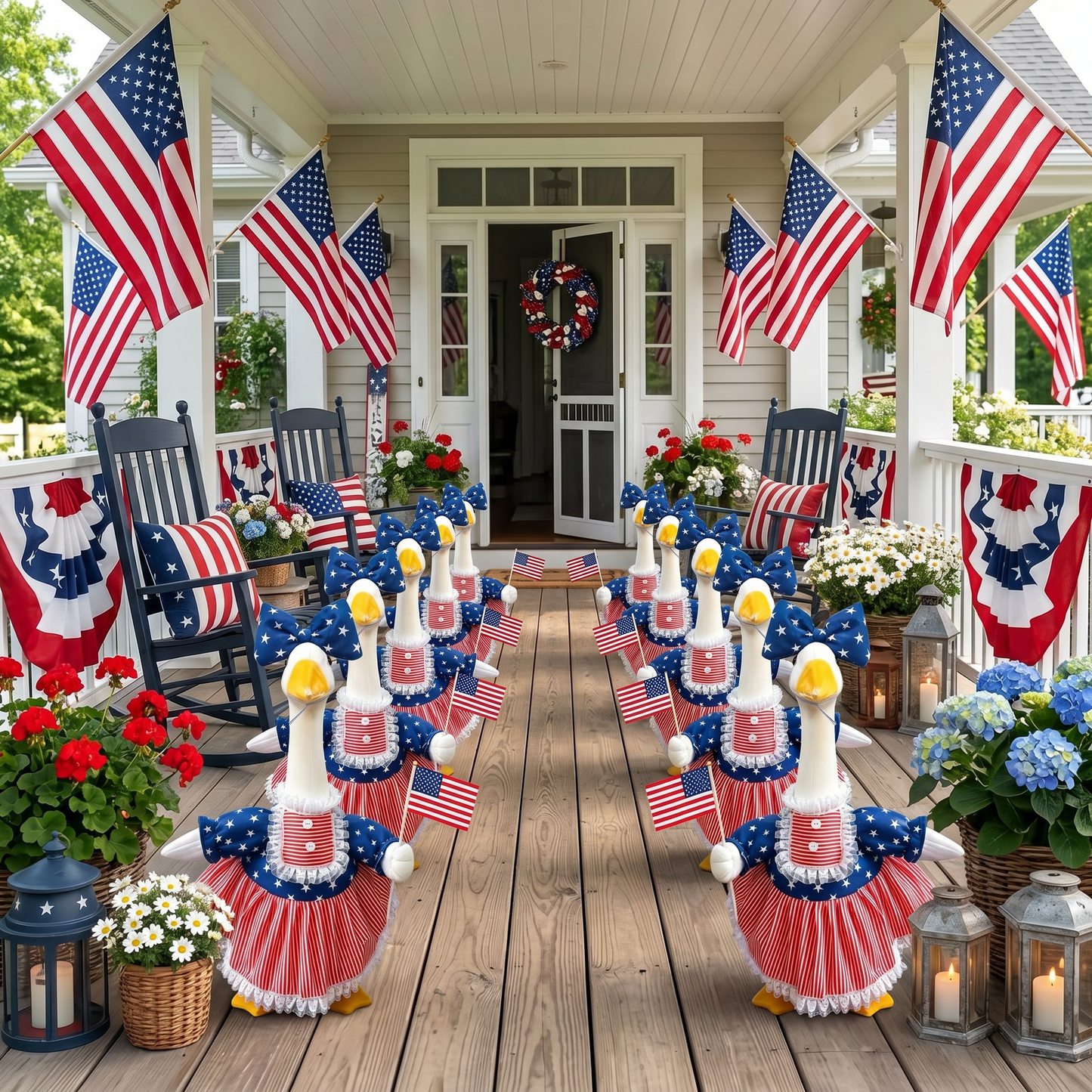 🦢🇺🇸The 250th US Anniversary Edition Porch Goose Decor Set — (Includes Bow & USA Flag) ❤️🤍💙