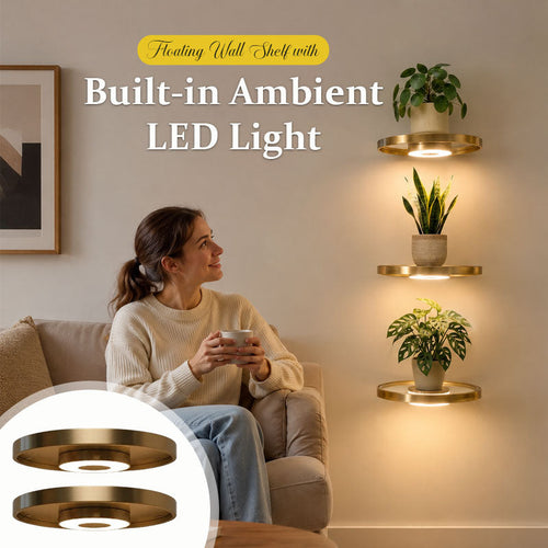 🌟Floating Wall Shelf with Built-in Ambient LED Light&USB Charging🌲