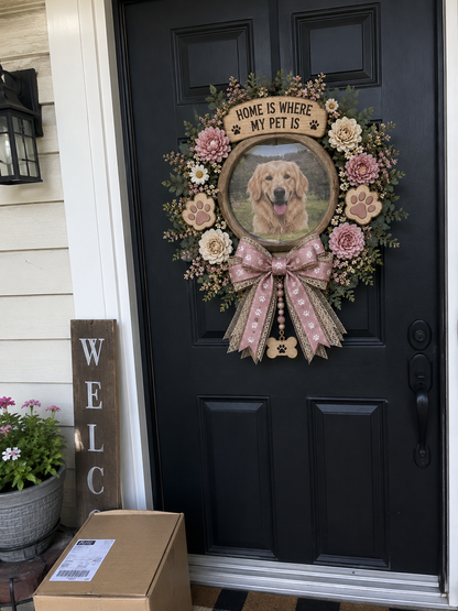 Personalized Pet Photo Floral Wreath – “Home Is Where My Pet Is” Custom Door Decor