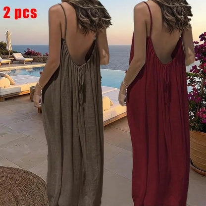 Women's Solid Color Cami Lounge Dress – Elegant Sleeveless Maxi Dress for Summer-A0022
