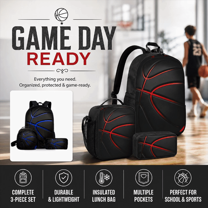 Basketball Print 3-in-1 Backpack Picnic Bag Pencil Case Set
