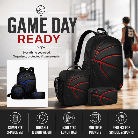 Basketball Print 3-in-1 Backpack Picnic Bag Pencil Case Set