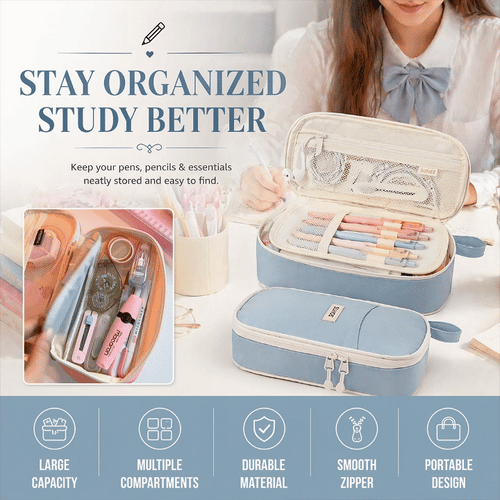 Large Capacity Double-Layer Macaron Stationery Box