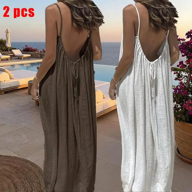 Women's Solid Color Cami Lounge Dress – Elegant Sleeveless Maxi Dress for Summer-A0022