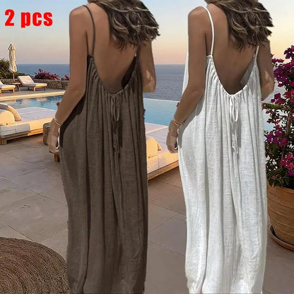 Women's Solid Color Cami Lounge Dress – Elegant Sleeveless Maxi Dress for Summer-A0022