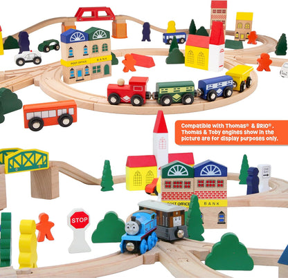 Wooden Train Set 100 PCS with City Blocks, Magnetic Trains, Roadway Vehicles, 11 Track Layouts, Classic Triple Loop Tracks, Compatible with Thomas Wooden Railway, BRIO and Melissa & Doug