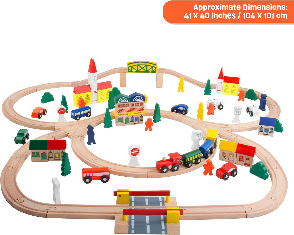 Wooden Train Set 100 PCS with City Blocks, Magnetic Trains, Roadway Vehicles, 11 Track Layouts, Classic Triple Loop Tracks, Compatible with Thomas Wooden Railway, BRIO and Melissa & Doug