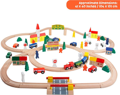 Wooden Train Set 100 PCS with City Blocks, Magnetic Trains, Roadway Vehicles, 11 Track Layouts, Classic Triple Loop Tracks, Compatible with Thomas Wooden Railway, BRIO and Melissa & Doug