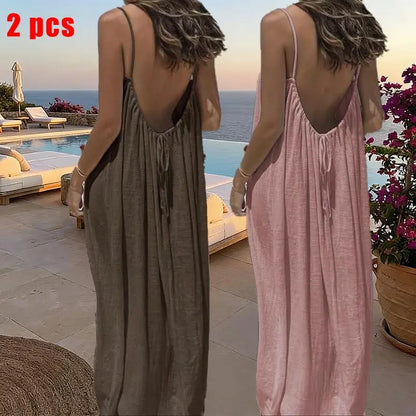 Women's Solid Color Cami Lounge Dress – Elegant Sleeveless Maxi Dress for Summer-A0022