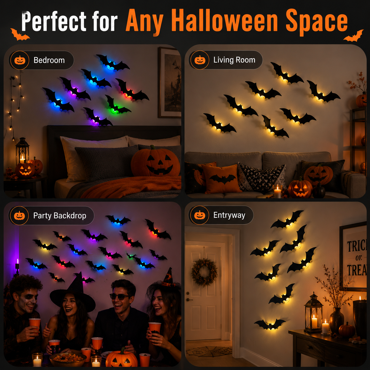 🎃3D LED Halloween Bat Wall Decor – ⚡️Colorful Glowing Flying Bats