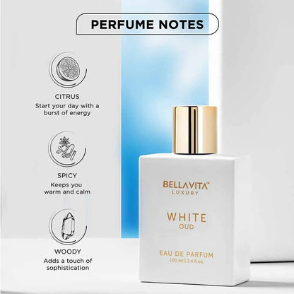 BellaVita White Oud Eau De Parfum 100ML | Unisex Luxury Perfume | Fresh Spicy Oud Scent | Long-Lasting Fragrance