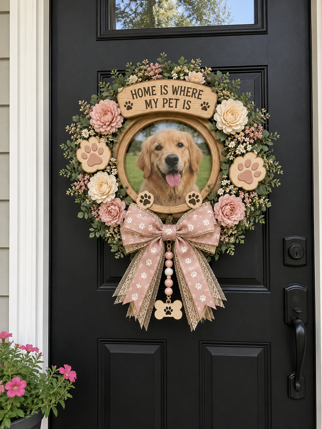 Personalized Pet Photo Floral Wreath – “Home Is Where My Pet Is” Custom Door Decor