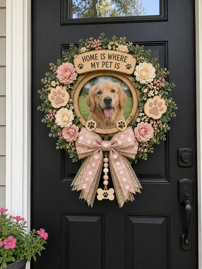 Personalized Pet Photo Floral Wreath – “Home Is Where My Pet Is” Custom Door Decor