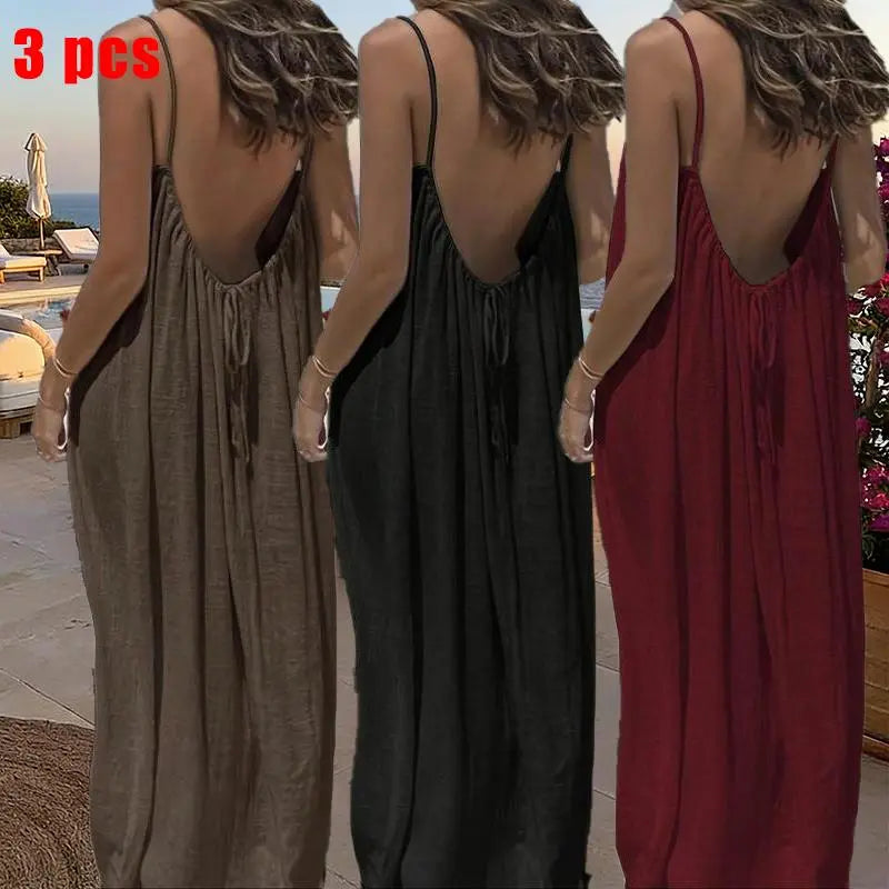 Women's Solid Color Cami Lounge Dress – Elegant Sleeveless Maxi Dress for Summer-A0022