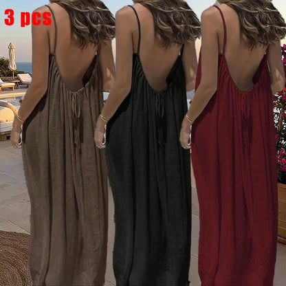 Women's Solid Color Cami Lounge Dress – Elegant Sleeveless Maxi Dress for Summer-A0022