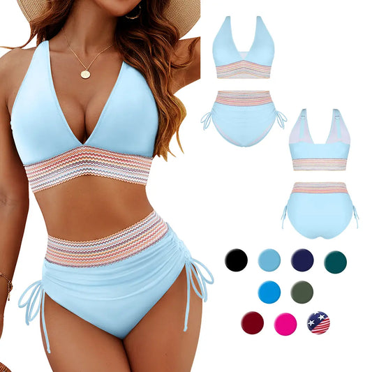 Blooming Jelly High Waisted Bikini Set – 2 Piece Tummy Control Swimsuit with Color Block Design-A0004