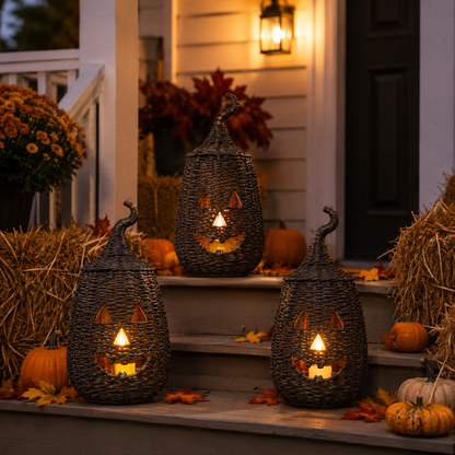 🔥Last Day 60% OFF🔥Rustic Wicker Pumpkin Candle Holder - Handwoven Jack-O’-Lantern Halloween Porch Decor