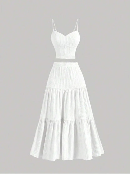 Women's Solid Crop Cami Top & A-Line Skirt Two-Piece Set – Casual Summer Outfit-A0019