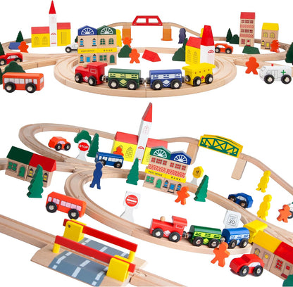 Wooden Train Set 100 PCS with City Blocks, Magnetic Trains, Roadway Vehicles, 11 Track Layouts, Classic Triple Loop Tracks, Compatible with Thomas Wooden Railway, BRIO and Melissa & Doug