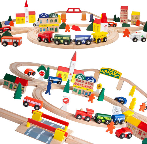 Wooden Train Set 100 PCS with City Blocks, Magnetic Trains, Roadway Vehicles, 11 Track Layouts, Classic Triple Loop Tracks, Compatible with Thomas Wooden Railway, BRIO and Melissa & Doug