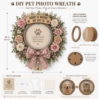 Personalized Pet Photo Floral Wreath – “Home Is Where My Pet Is” Custom Door Decor