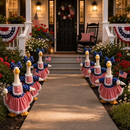 🦢🇺🇸The 250th US Anniversary Edition Porch Goose Decor Set — (Includes Bow & USA Flag) ❤️🤍💙