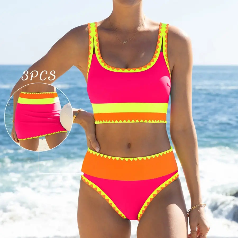 Popvil 3 Piece Bikini Set – Tummy Control High Waisted Swimsuit with Skirt Cover-Up-A0005