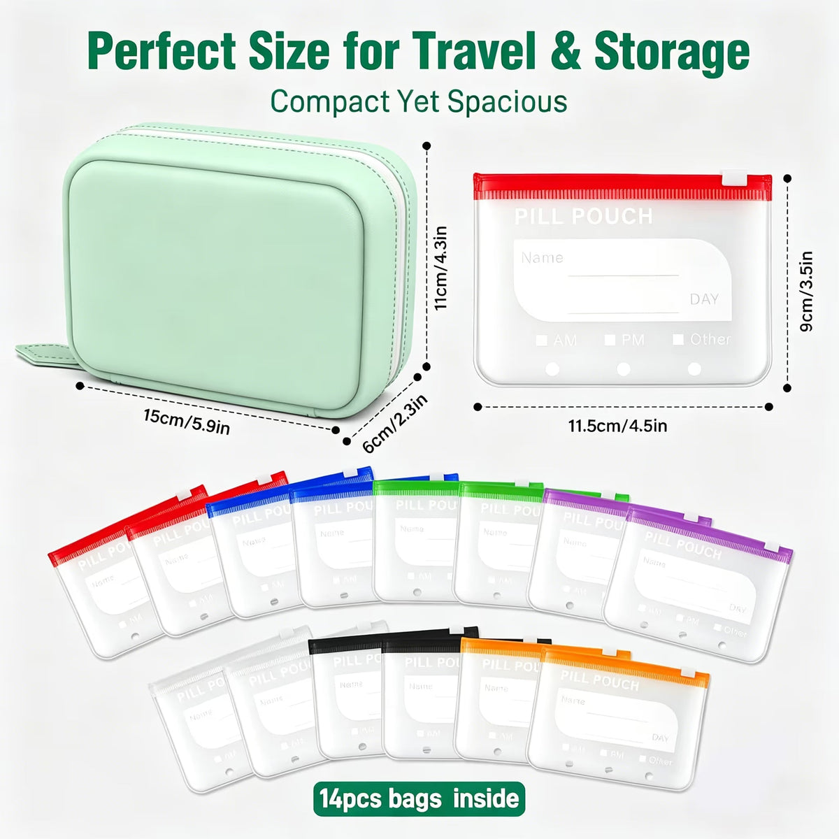 💊A8 Waterproof 14-Pouch Weekly Pill Organizer, Color-Coded Travel Storage for Vitamins & Supplements