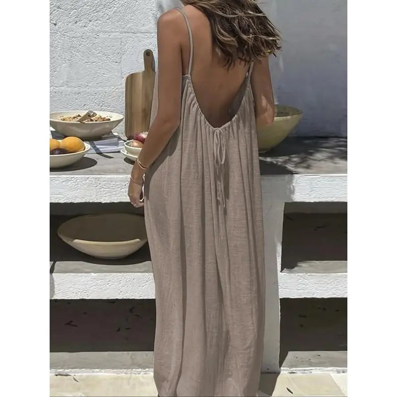 Women's Solid Color Cami Lounge Dress – Elegant Sleeveless Maxi Dress for Summer-A0022