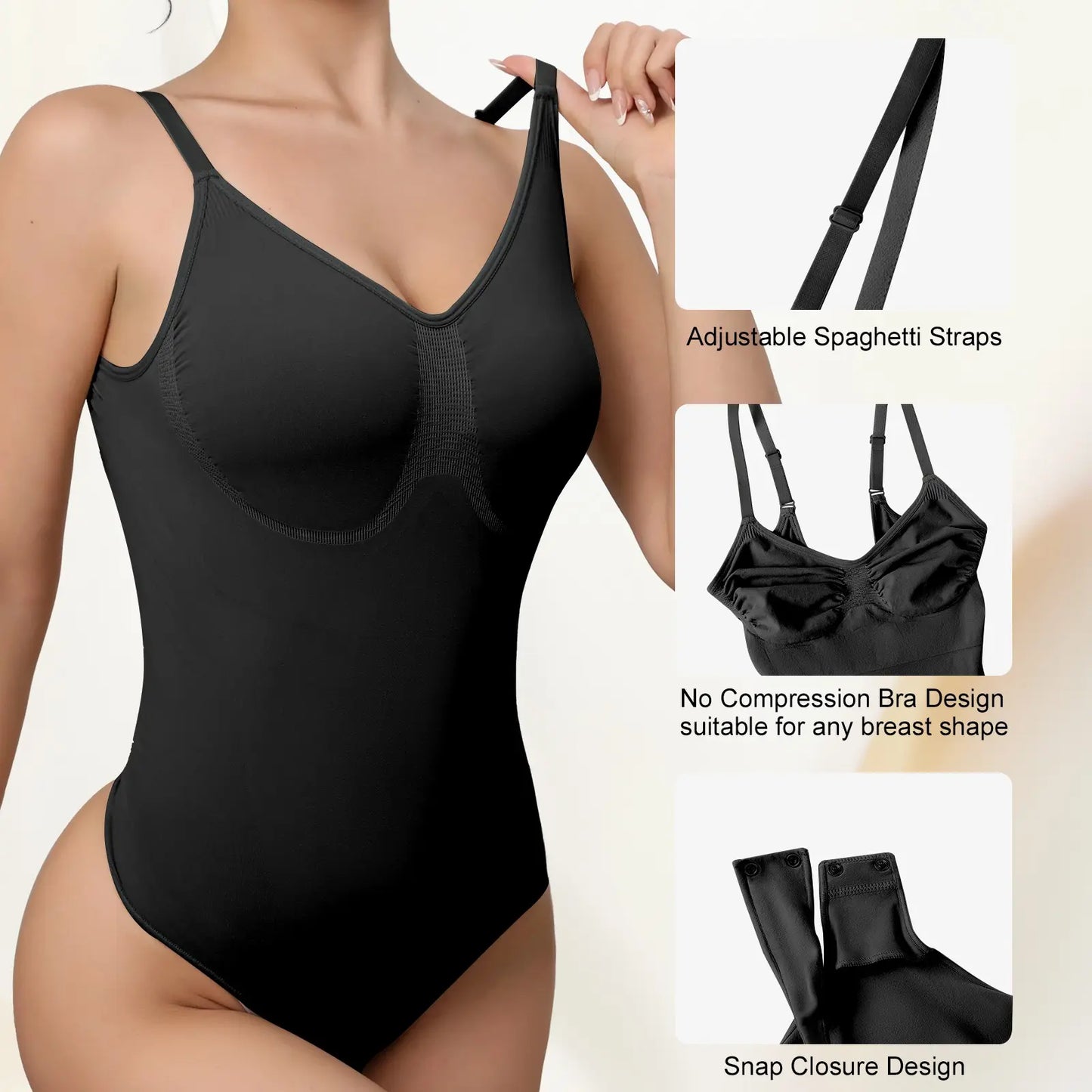 Mobeso Seamless Thong Bodysuit – Tummy Control Shapewear with V-Neck-A0018