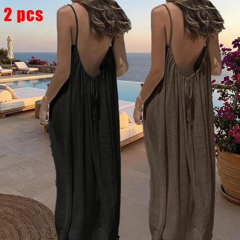 Women's Solid Color Cami Lounge Dress – Elegant Sleeveless Maxi Dress for Summer-A0022